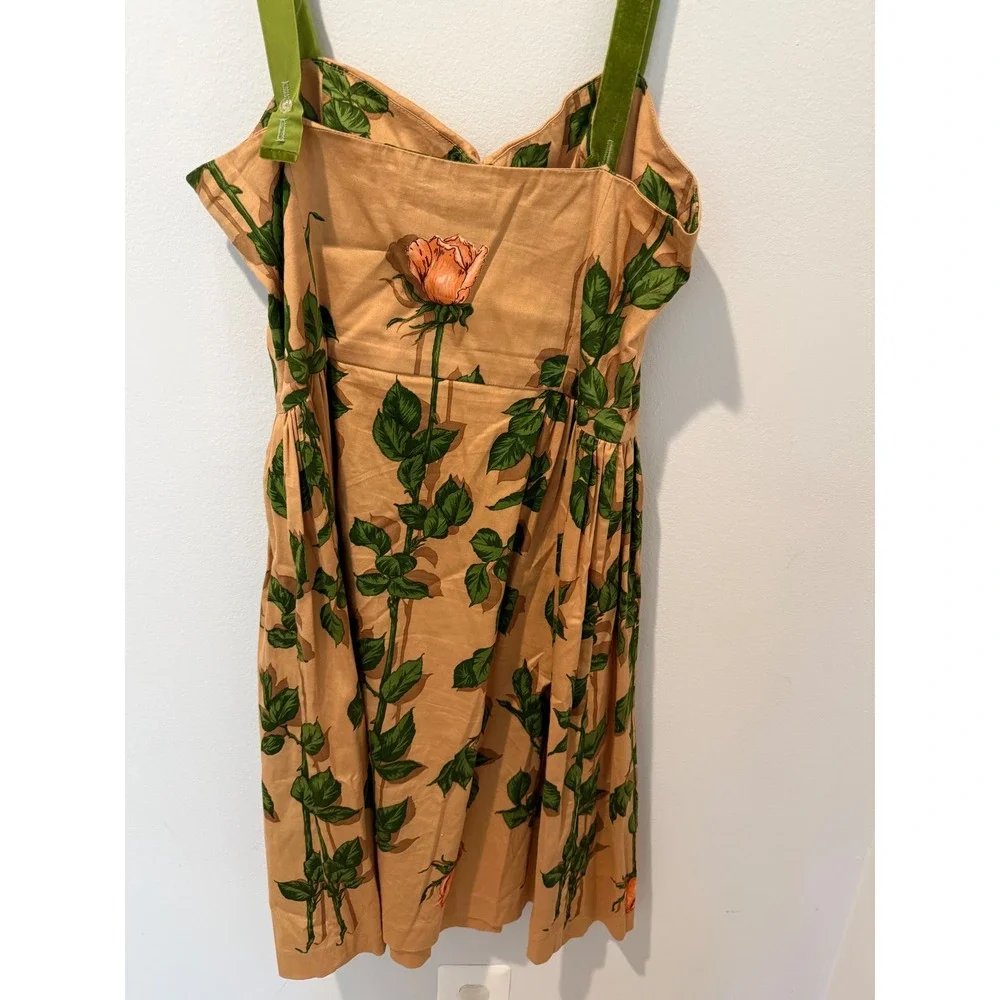 Vintage Betsey Johnson New York Rose Print Velvet Strap Dress Tan Green Size 8 - Picture 3 of 6